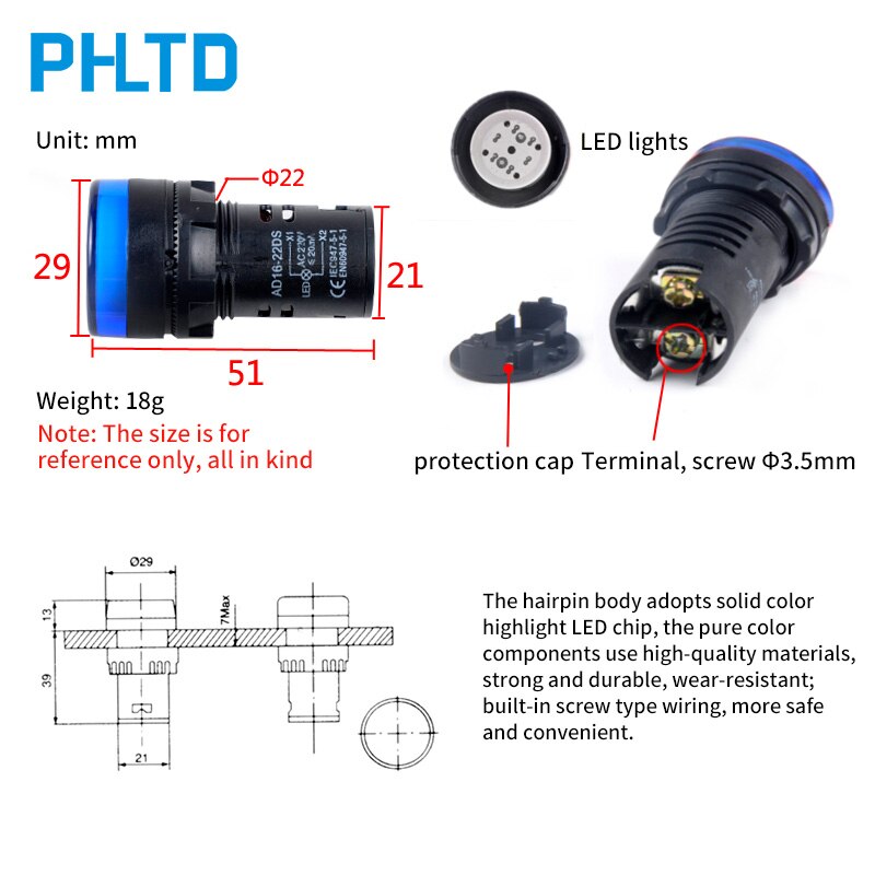 signal lys lampe strøm lys fargerik belysning  ad16-22d/s 22mm blandede farger ac /dc 12v,24v,36v,110v, ac220v ledet indikator
