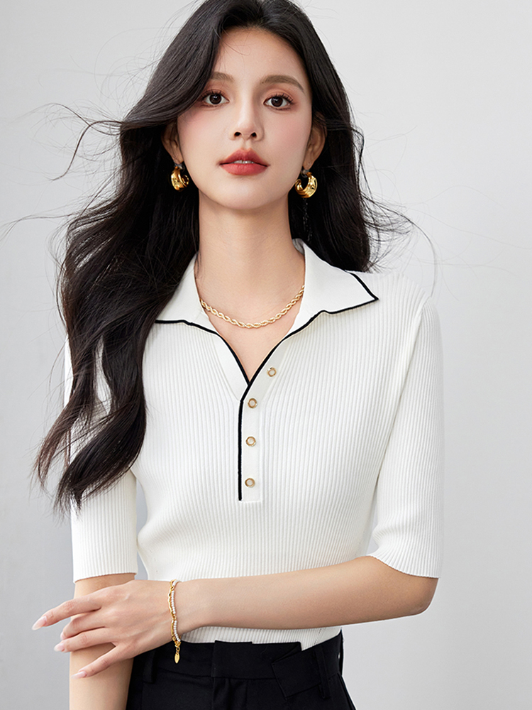Striktrøje dame korte ærmer smalle revers toppe kontrast strik top dame skinny ribbet pullover