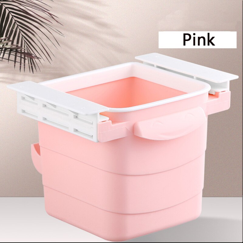 Self-adhesive Trash Can Hidden Retractable Office Desk Adhesive Dustbin Trash Can Garbage Folding Office Home Kitchen Trash Can: Pink