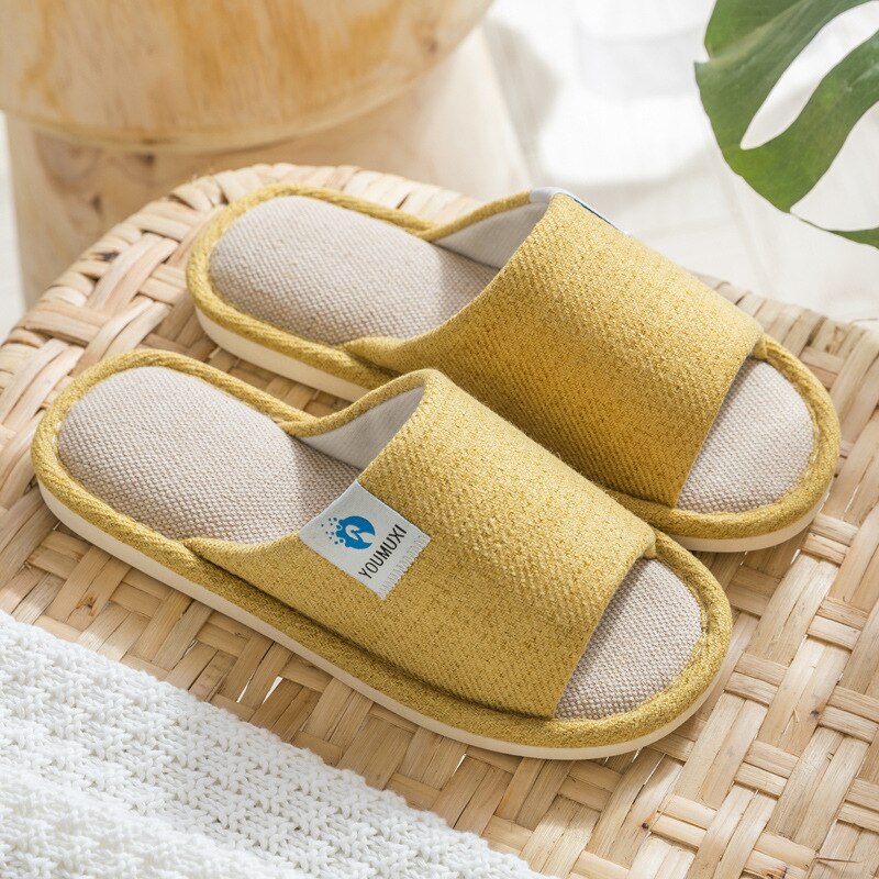 Open Indoor Spring and Autumn Cotton Linen Home Slippers Men 's and Women 's Floor Non-Slip Home Linen Slippers Stall: Yellow / 37-38
