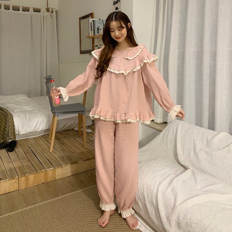 autumn winter cute cotton linen pajama set women home suit sleepwear long sleeve lacework pyjama pants trouser outwear 2pcs L337: pink