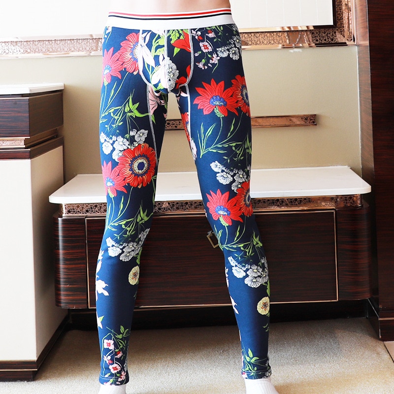 Herre leggings vinter varme tykt termisk undertøj varme bukser lange johns vintertøj mænd ropa termica hombre: Blå blomst / M