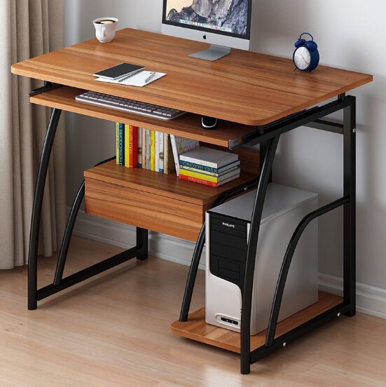 JOYOLOVE Modern Computer Desk Workstation Study Writing Table Home Office Furniture With Keyboard Bracket PC Metal 71cm: Brown Black Bracket