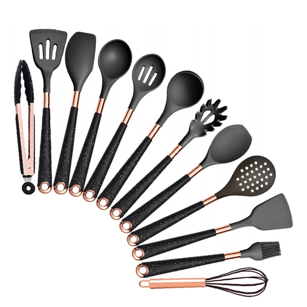 Silicone Cooking Utensils Set Heat Resistant Kitchen Spatula Spoon Non-Stick Tools With Rose Gold-Plated Handle And Holder: green