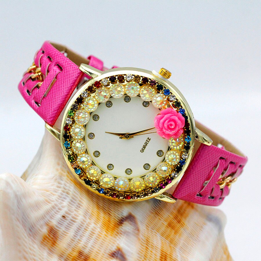 Ladies Flower Hand-knitted Wristwatch Rose Women Dress Watch Color Sparkling Rhinestone Leather Strap Clock Sweet Girl Watch