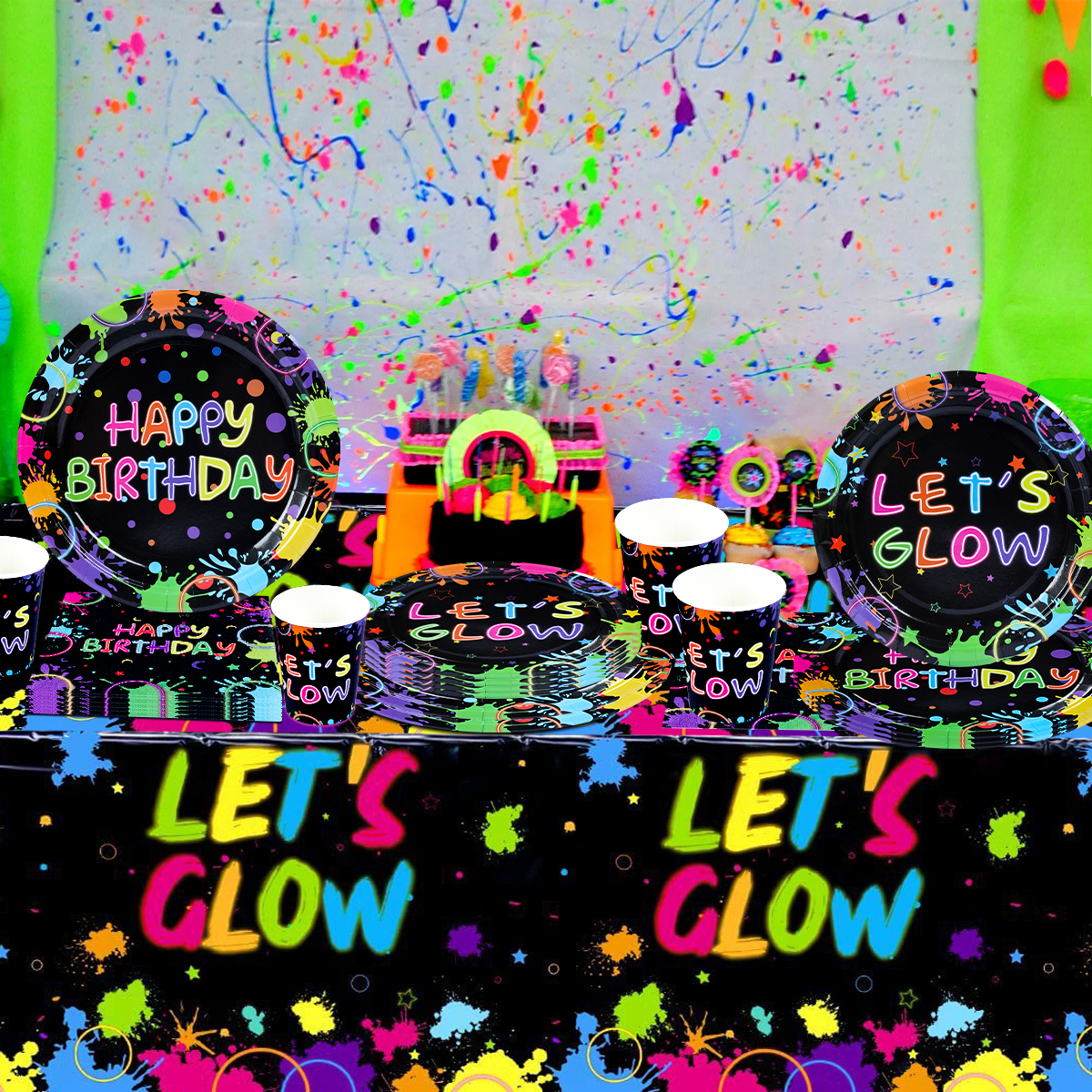 Fluorescent Theme Birthday Disposable Tableware Happy Birthday Party Decoration Paper Plates Napkins Kids Baby Shower Suppies