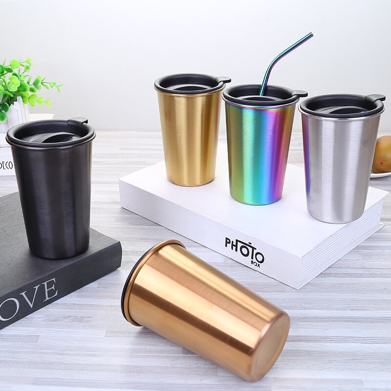 304 Stainless Steel Cup Anti-fall Beer Juice Cup Office Household Simple Metal Coffee Cold Drink Cup Straw Set
