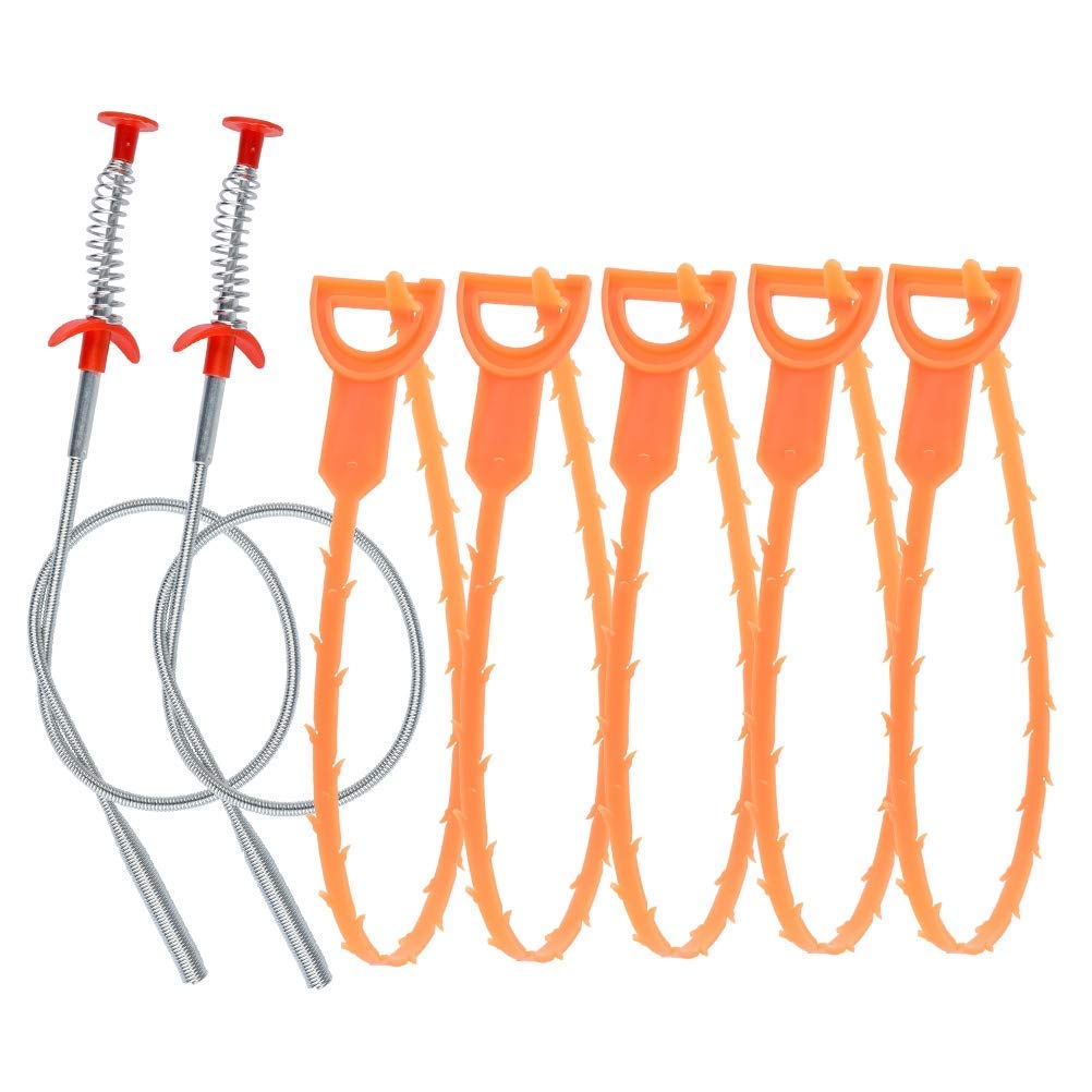 7Pcs Drain Snake Set, 5Pcs Drain Relief Tool + 2Pcs Drain Snake Hair Clog Remover for Kitchen Sink Bathtub Shower