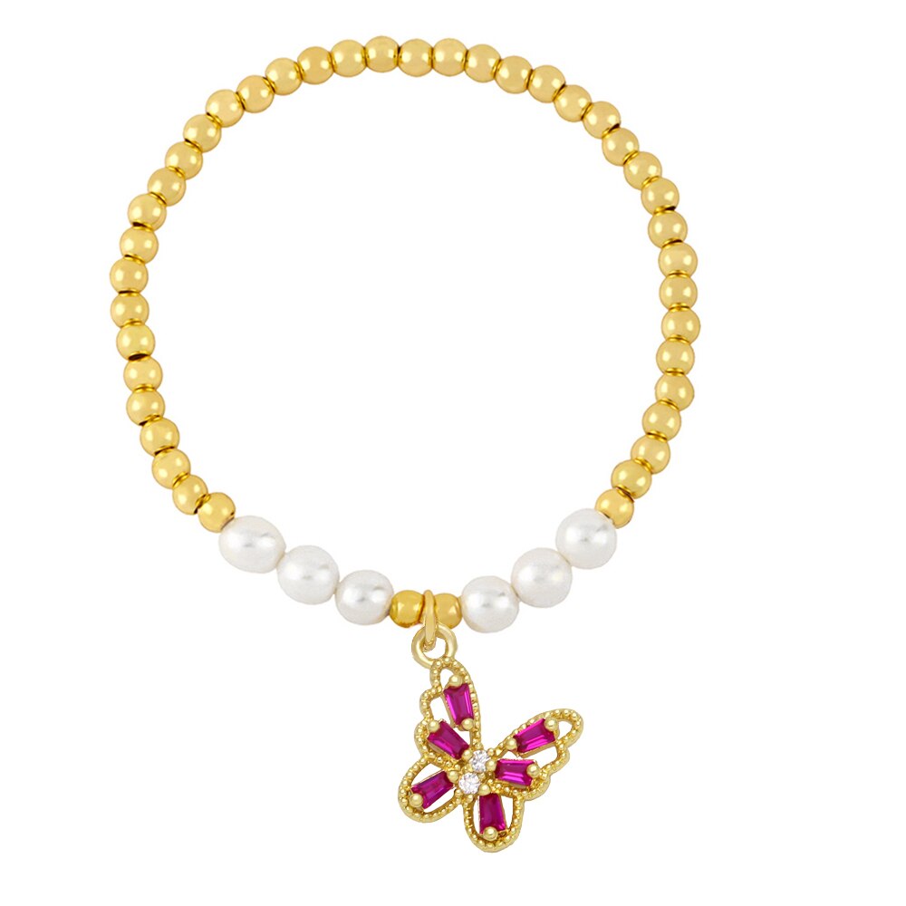 Flola Koper Zirkoon Vlinder Armbanden Voor Vrouwen Gouden Kralen Ketting Elastische Touw Parel Armband Crystal Sieraden Brtf64: Fuchsia