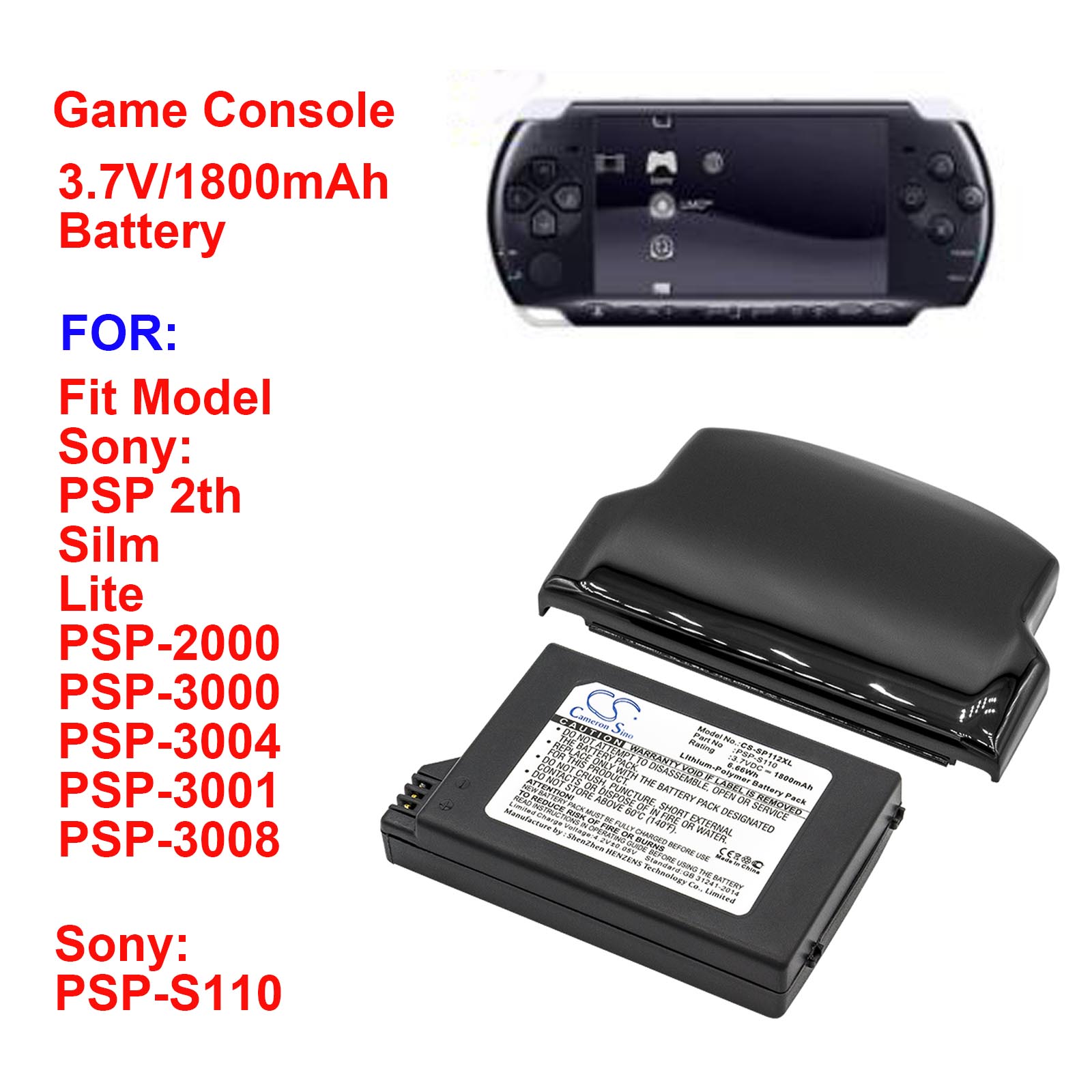 Bateria do konsoli do gier Cameron Sino PSP-S110 do Sony Lite, PSP 2th, PSP-2000, PSP-3000, PSP-3004, Silm, PSP-3001, PSP-3008