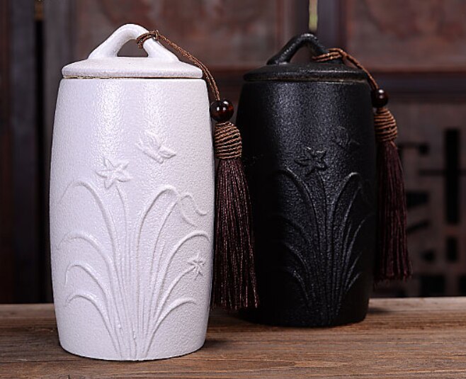 Caddie de poterie en céramique noire et blanche, pot de stockage de thé Vintage, accessoires de cérémonie de thé, artisanat de décoration, récipients scellés: C 2pcs