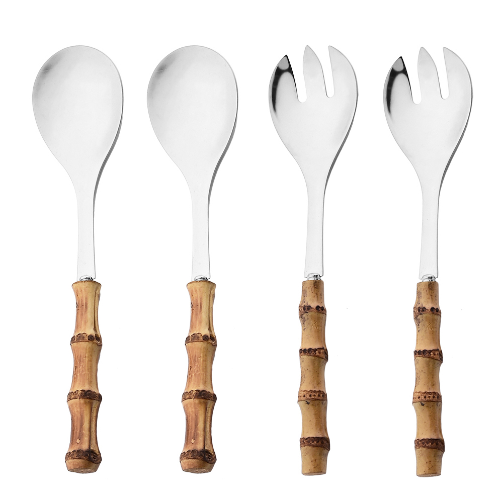 Juego de cubiertos de cocina con mango largo, cuchara para ensalada, tenedor, vajilla de acero inoxidable, mango de madera de bambú, 2/4 Uds.: Marrón