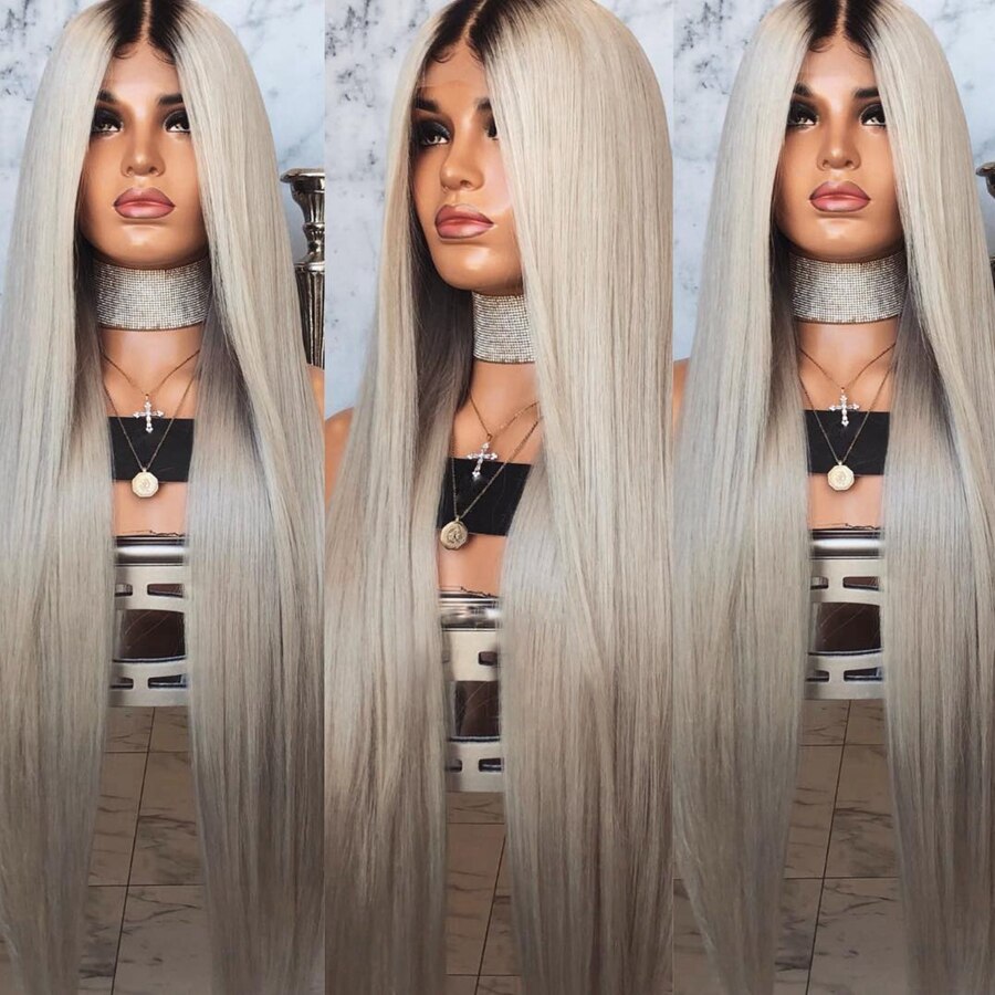 Eewigs Rose Roze Pruik Platina Blonde Synthetische Lace Front Pruik Met Korte Zwarte Wortels Lijmloze Lange Rechte Pruiken Voor Zwarte vrouwen: Ash Blonde / 24 inches