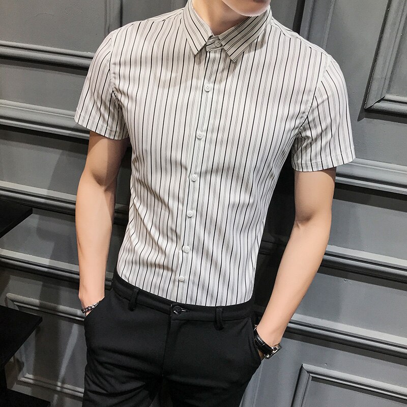 Sommer herre stribet skjorte mærke slim fit kortærmede herre sociale skjorter afslappet enkel all match bluse homme: Hvid / Asiatiske  xl 60-65kg