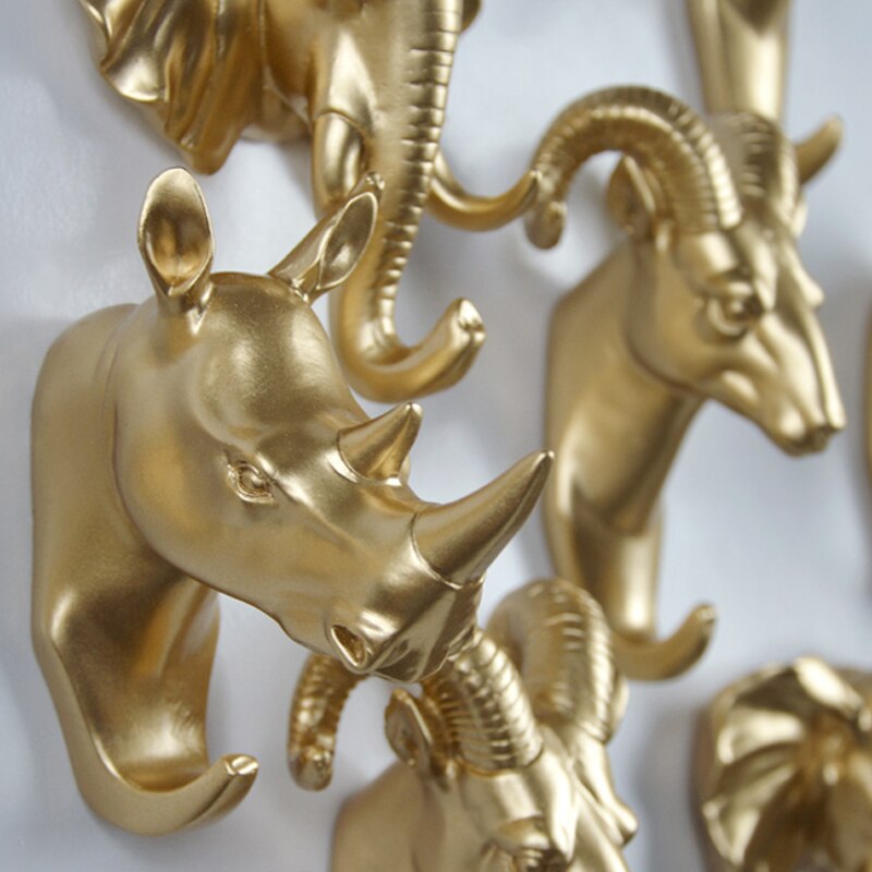 Rural style Resin Gold Animal Head Clothes Hanging Coat Towels Hooks Hanger Decorative Wall Hooks
