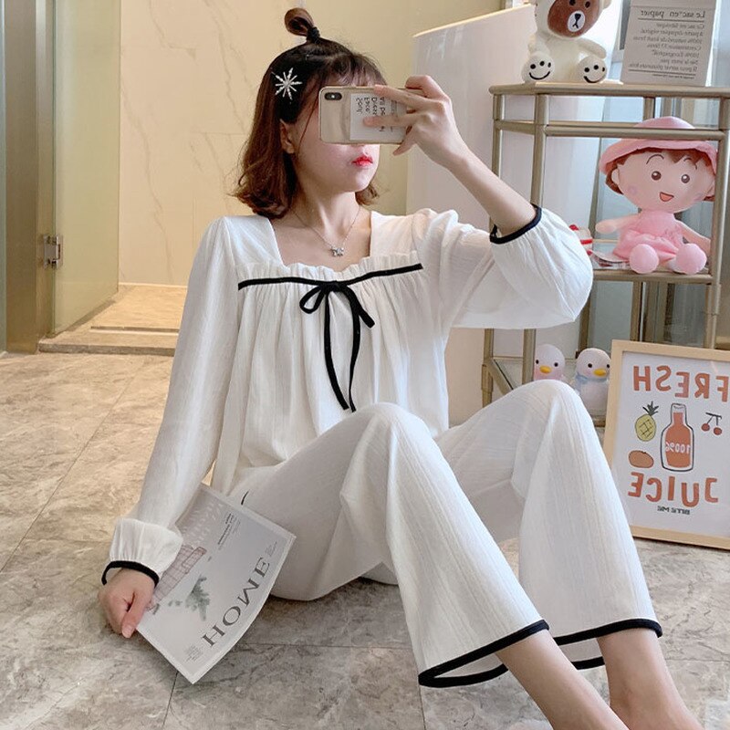 Conjunto de pijama de manga larga para mujer, ropa de dormir sencilla con cuello cuadrado y lazo, cómoda, holgada, informal, 2 piezas