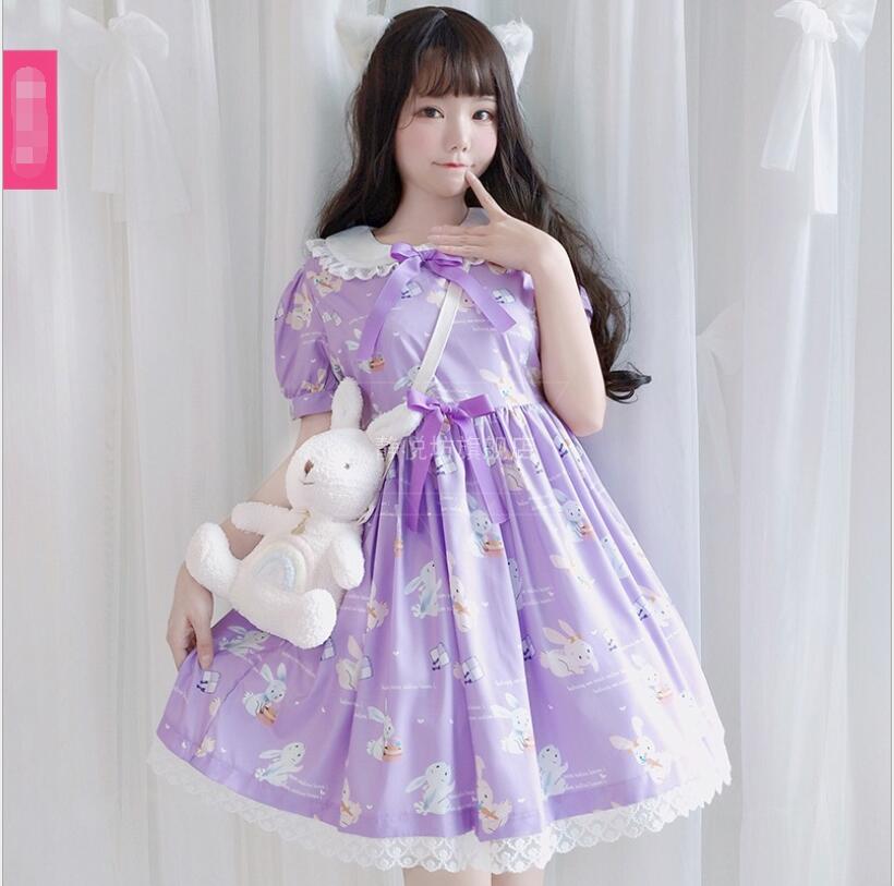 Vestido de verano de manga corta con estampado de conejito para chica mori, estilo lolita, estilo gótico vintage, estilo adolescente, estilo kawaii, para fiesta de té, estilo princesa loli.: 1 / S