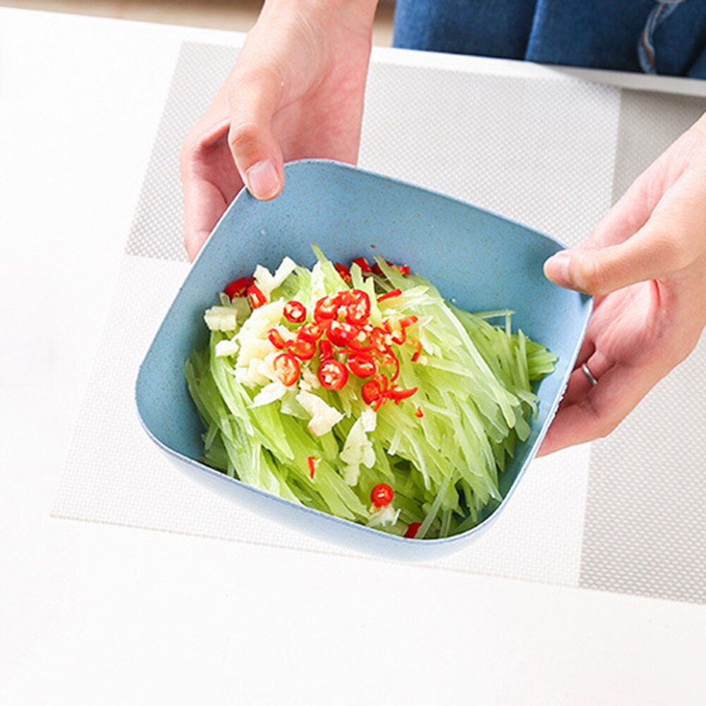 Kjøkken hvete halm bolle suppe salat bolle firkantet miljøvennlig matbit tørket frukt skål tallerken holder boller kjøkken tilbehør