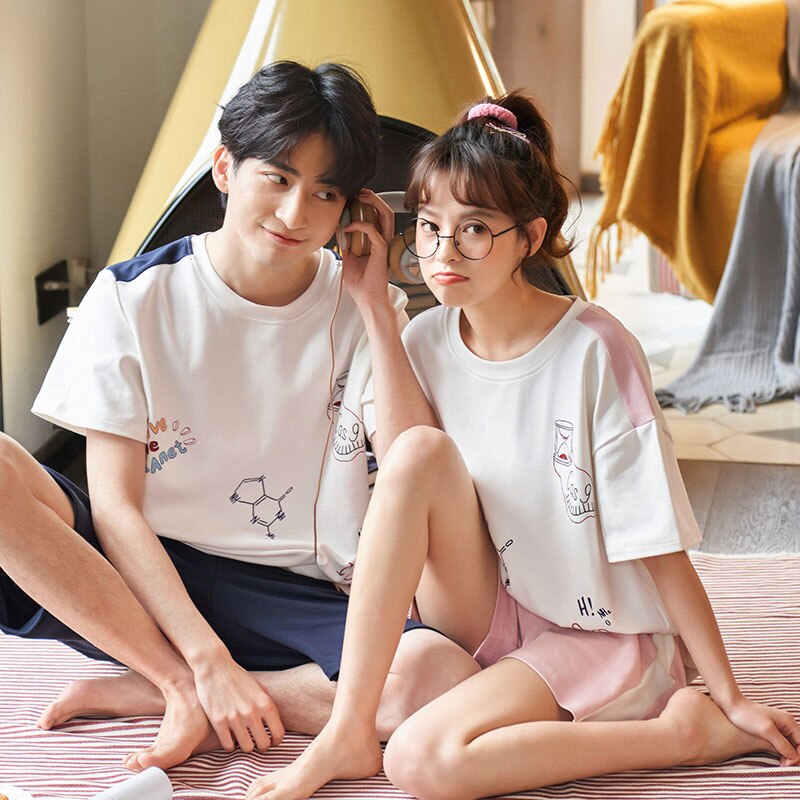 Pijamas de verano para amantes, conjunto de ropa de ocio para hombres jóvenes de manga corta de algodón fino para chicas encantadoras