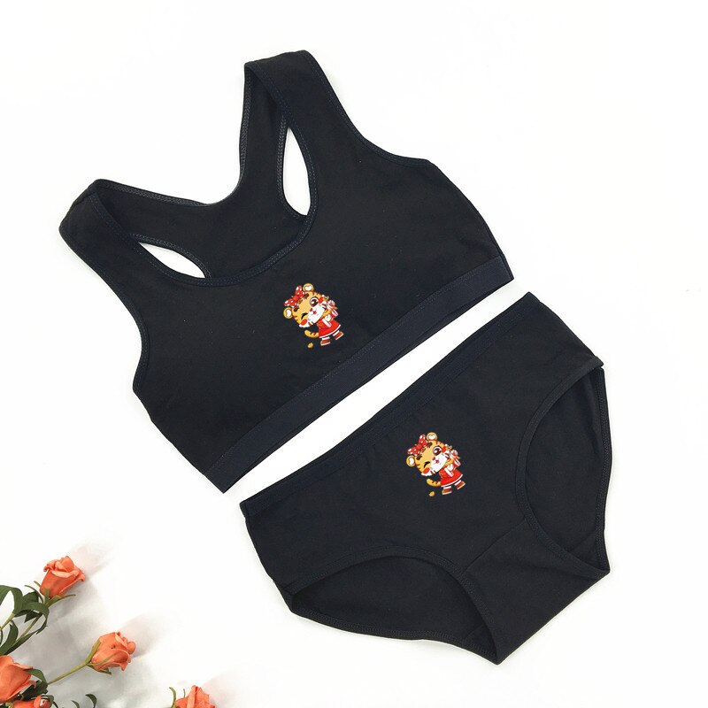 Cotton Girl Solid Color Bra Student Girl Puberty Bra + Panty Suit U-shaped Thin Belt Small Vest Wrap Chest 8-16Y: 6 / 12