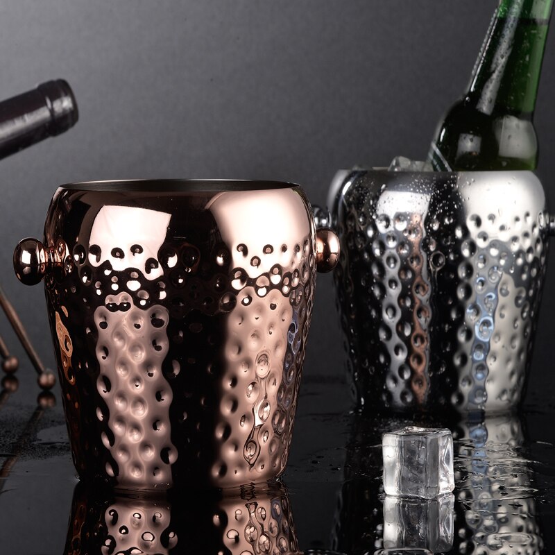 Ice Bucket Bar Stainless Steel Ice Container European-Style Wine Champagne Bucket Hammer Gold Ice Cube KTV Wine round Tube