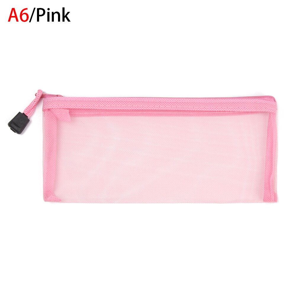 Simple Transparent Zipper Pocket Pencil Case Nylon Mesh Document File Bag Storage Pouch School Office Supplies: A6-pink
