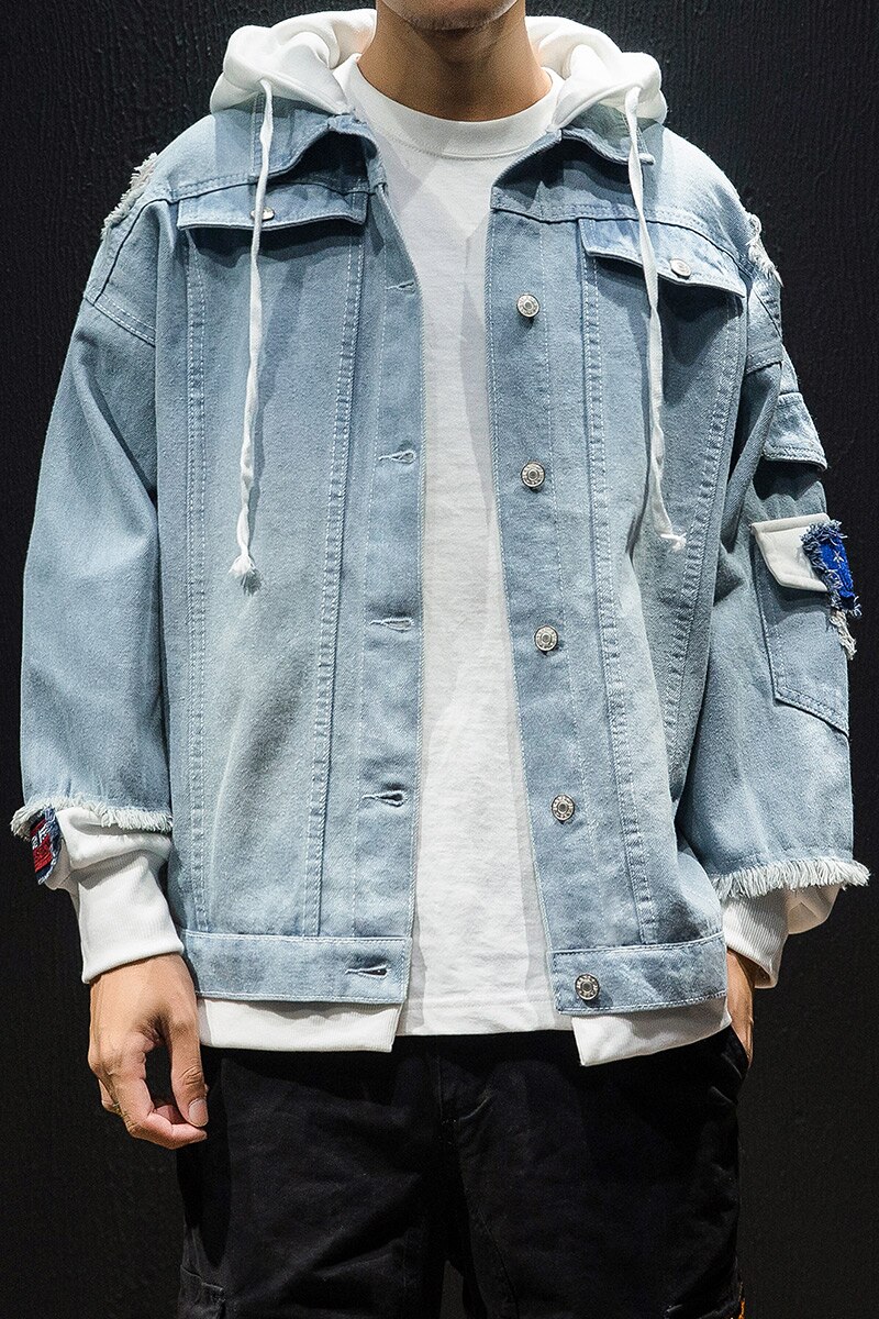 Herre denim jakker herre forår casual løst hul moto&biker denim frakker bomuld patchwork cowboy jakker