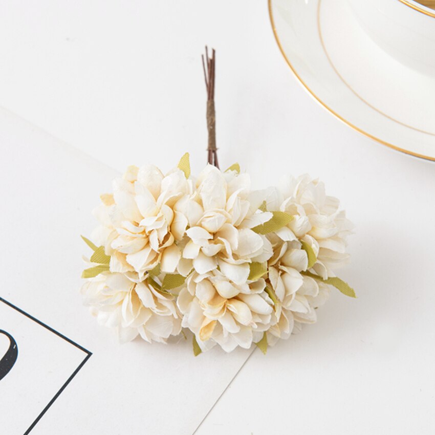 6 Stuks Kunstbloemen Zijde Anjer Mini Boeket Bruiloft Krans Scrapbooking Diy Craft Box Voor Thuis Kerst Decoratie: Melkwit