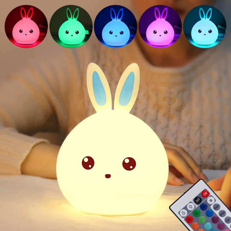 Qshare Kaninchen LED Nacht Licht Remote Touch Sensor Bunte USB Silikon Bunny Nacht Lampe Für Kinder Kinder Baby Weihnachten Spielzeug