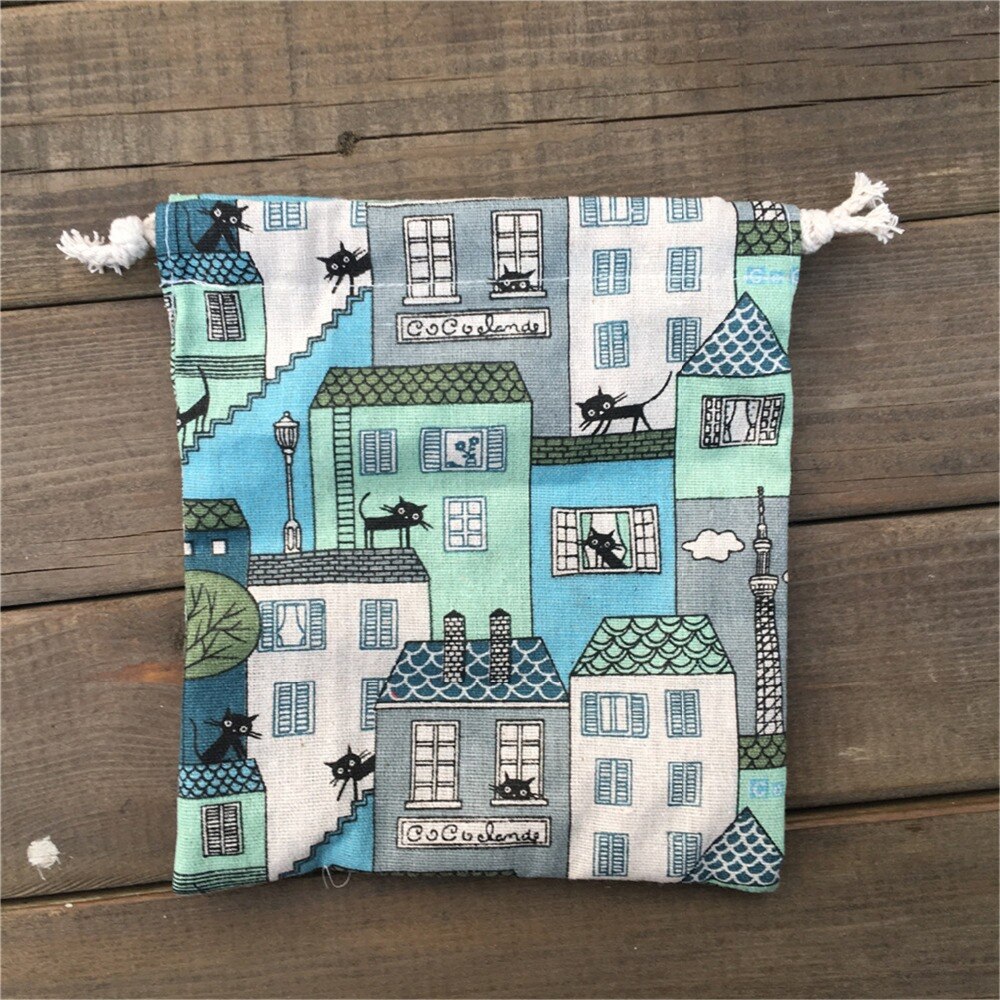 YILE 1pc Cotton Linen Drawstring Pouch Party Bag Print Black Cat House Blue YL812d