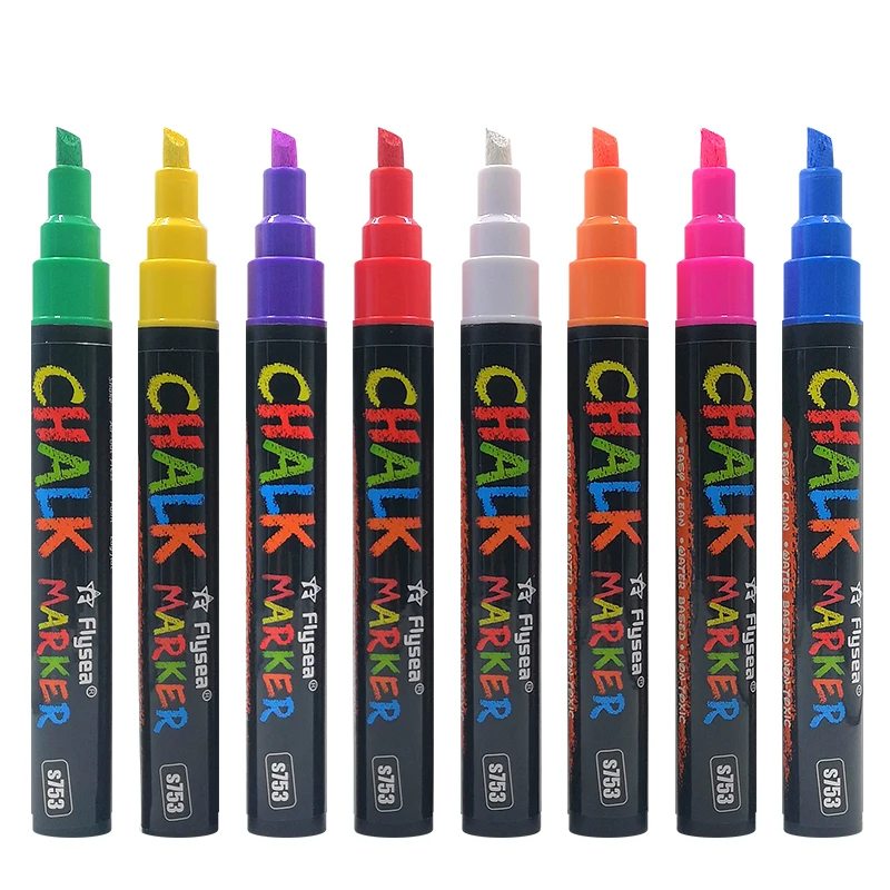 Flysea-rotuladores de tiza líquida, juego de 8 marcadores de 3-6mm, rotuladores de arte, pintura, punta de cincel redonda Reversible, tarjeta de bricolaje no tóxica a base de agua