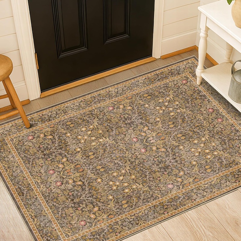 Alfombra de entrada lavable de color verde oscuro, alfombras para puerta delantera, alfombras pequeñas para baño interior, alfombra fina Floral Vintage para decoración bohemia de cocina