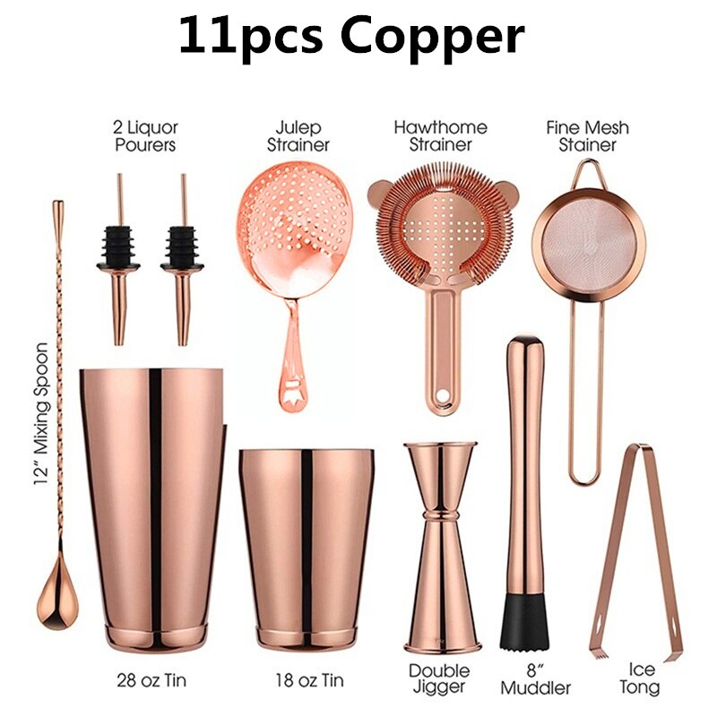 13 pçs/set aço inoxidável cocktail shaker gelo tong mixer bebida boston bartender browser kit barras conjunto ferramentas barra profissional: 11pcs Copper