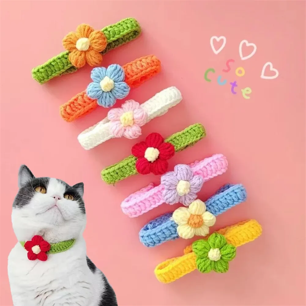 Kawaii gehaakte hond kat kraag verstelbare wollen ketting bloemen huisdier nek accessoires puppy kitten breien sjaal strikje huisdier cadeau