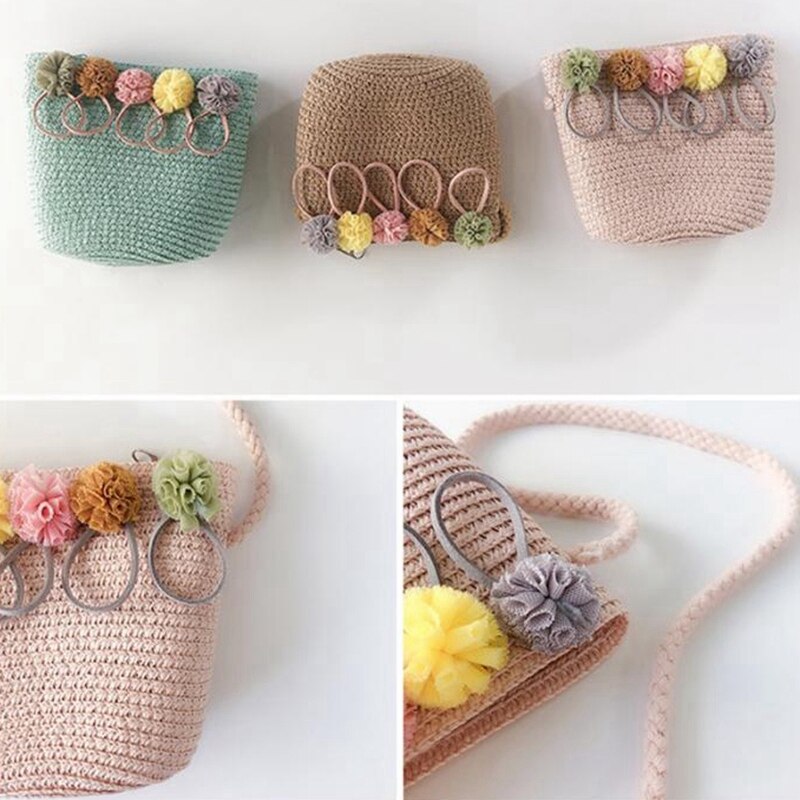 Piger skuldertaske strå rattan vævet crossbody taske til baby piger bedste (pink)