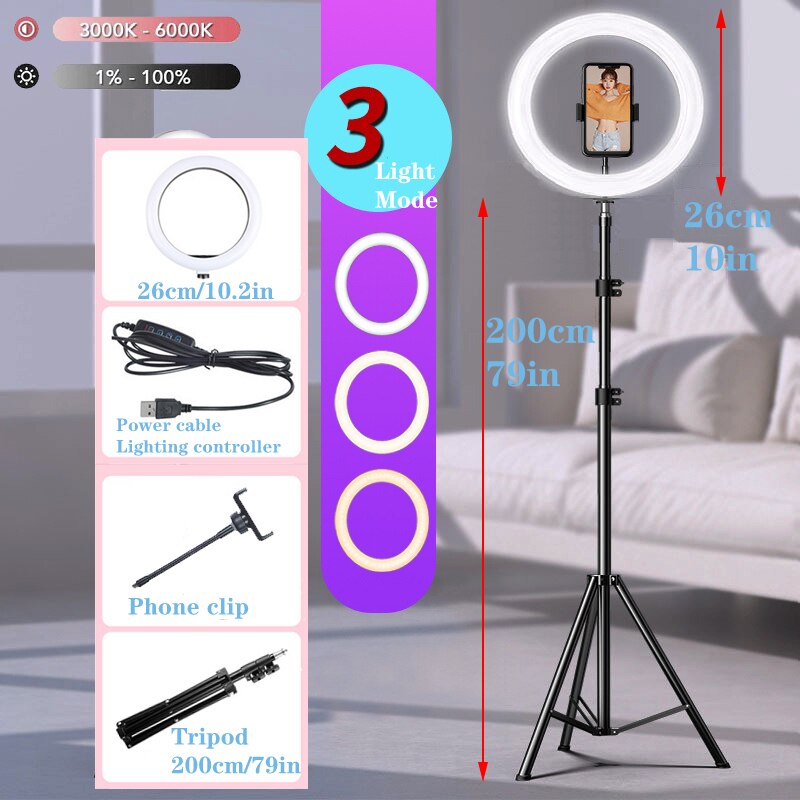 10 "LED Selfie Ring Licht Kreis Füllen Licht Dimmbar Runde Lampe Stativ Fotografie RingLight Trepied machen-hoch Telefon Ständer Halfter: mit 200cm Stativ