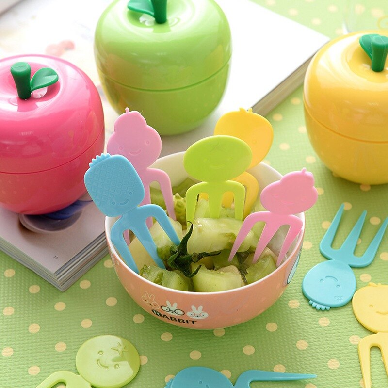 10 Stuks Fruit Vork Fruit Mini Plastic Kids Fruit Stok Apple Doos Menselijk Vormige Lachend Gezicht Voedsel Lunchbox Accessoires