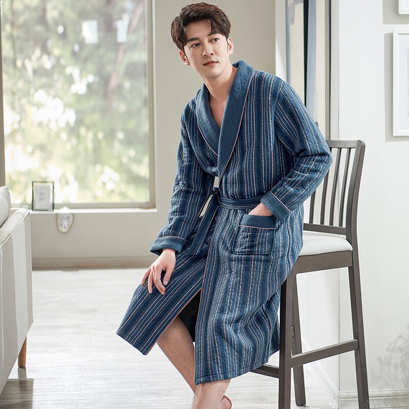 Robe à rayures en coton matelassé pour homme, peignoir d&#39;hiver, vêtements de maison, vêtements de nuit, lingerie, spa, M-3XL: XL