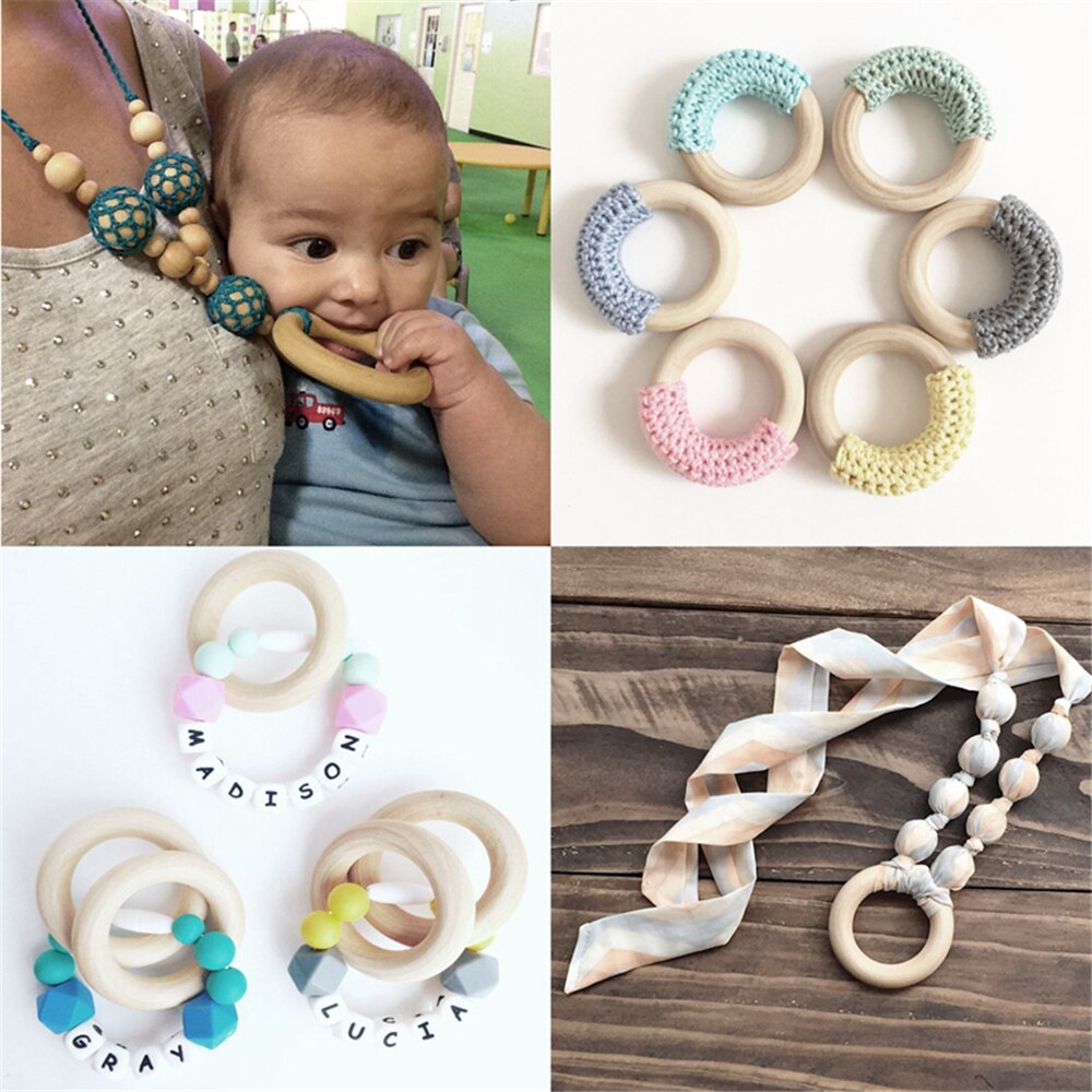 5 Pcs/Set Baby Teething Rings Bracelets Teethers 70MM Making Necklace Smooth Wood Finish, No Splinters Or Scuffs.