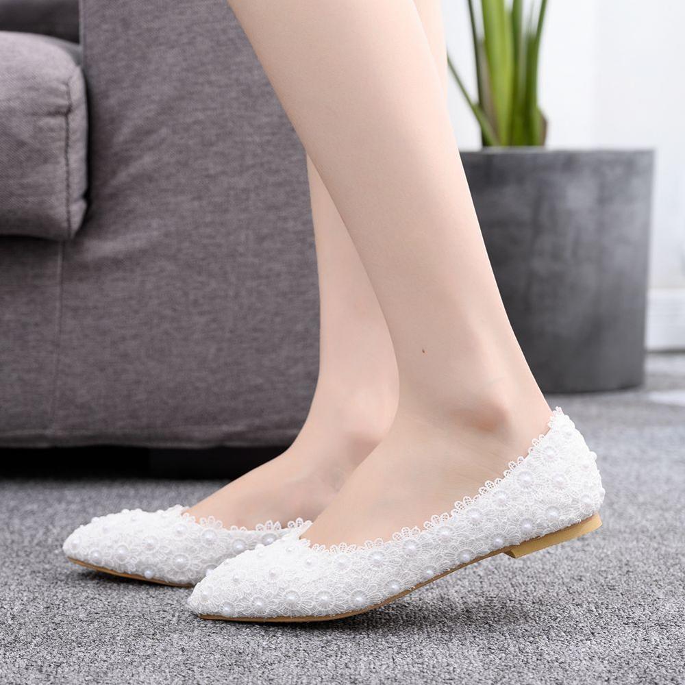 Crystal Queen Ballet Flats Witte Parel Kant Trouwschoenen Hak Schoenen Wees Teen Flats Vrouwen Bruiloft Prinses Flats big size 43