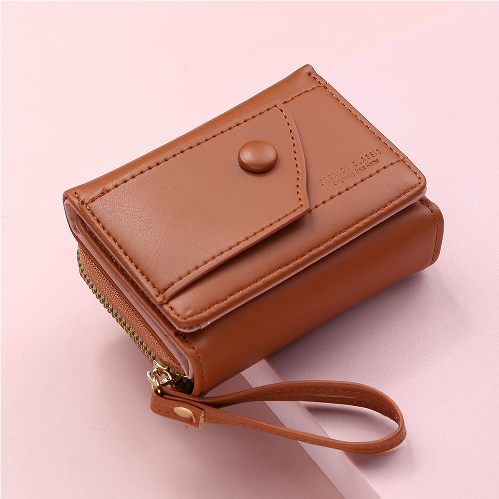 Four Seasons Women's Short Wallet Zipper Tower Buckle Zero Wallet Girl Student Handheld Bag Solid Color Simple Versatile: Chocolate