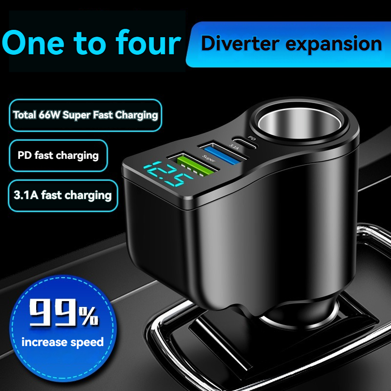 4-in-1-Multi-USB-Autoadapter, Steckdosenverteiler mit 2 USB-Anschlüssen, 12 V/24 V Dual USB Plus Typ-C PD Schnellladeadapter