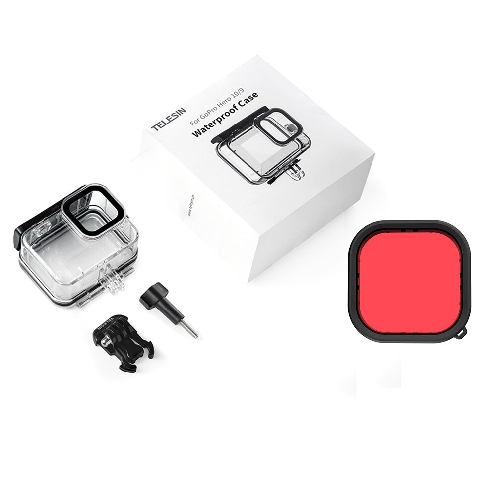 Telesin 50m caso à prova dwaterproof água para gopro hero 9 10 mergulho subaquático habitação capa com filtro de lente para gopro hero 9 10 acessórios: Case Red Filter