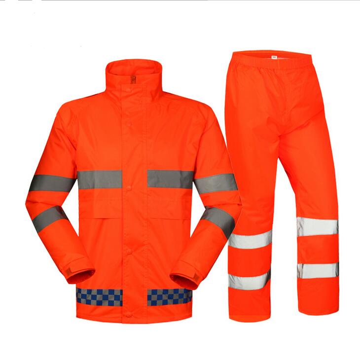Spardwear vandtæt højsyns regnjakke og bukser fluorescerende orange regnfrakke med reflekterende strimler: Xl