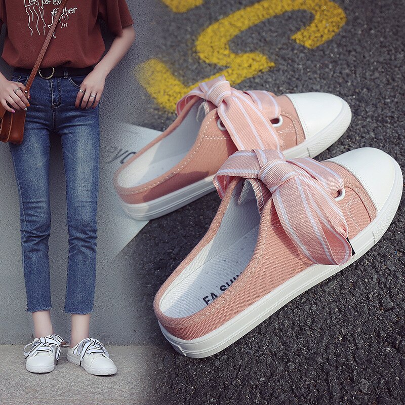 Zapatos planos Mule para primavera Otoño, zapatillas blancas rosas para mujer, zapatos Mules de PU a la con tacón plano, calzado de goma Mule
