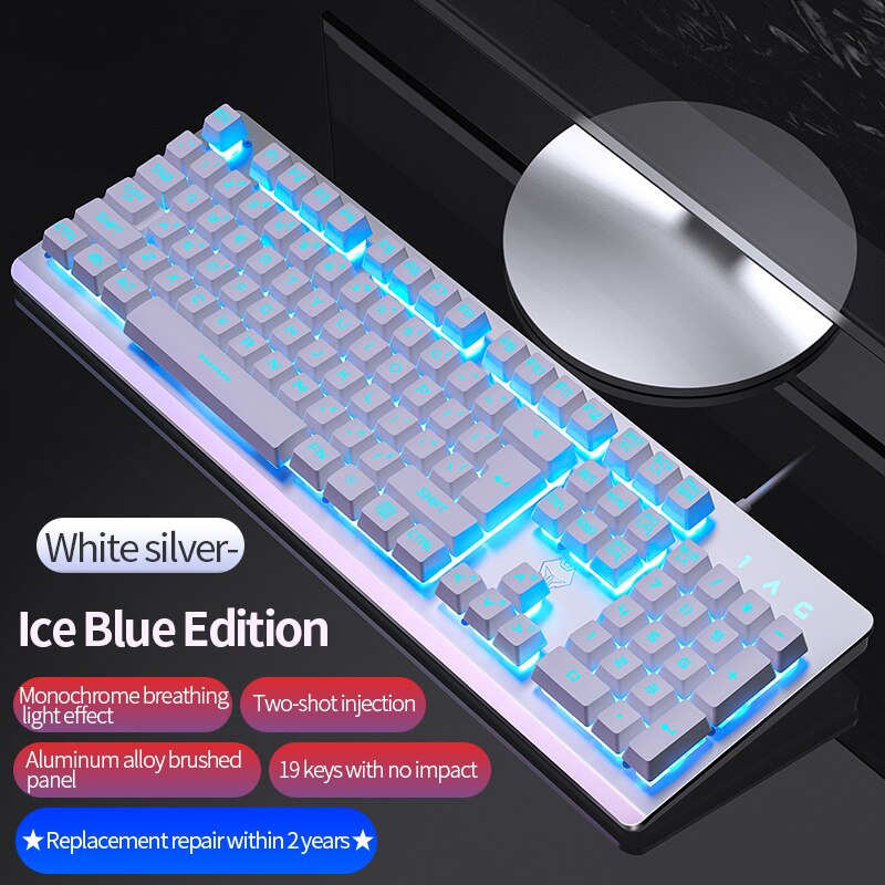 Metal Panel Mechanical Feel Gaming Keyboard USB Wired Voice Control Rainbow Backlit Keyboard for Desktop Computer Laptop Gamer: P3C106WhiteBlue