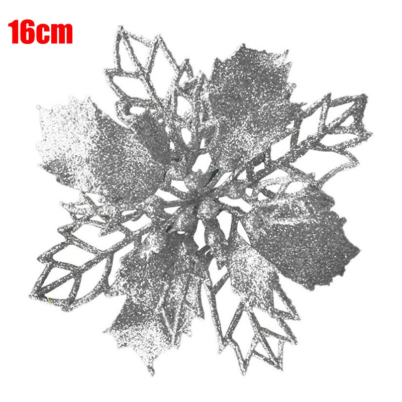 10 Pcs Christmas Poinsettia Glitter Flower Hollow Tree Hanging Decoration for Home Party DC120: Silver-16cm