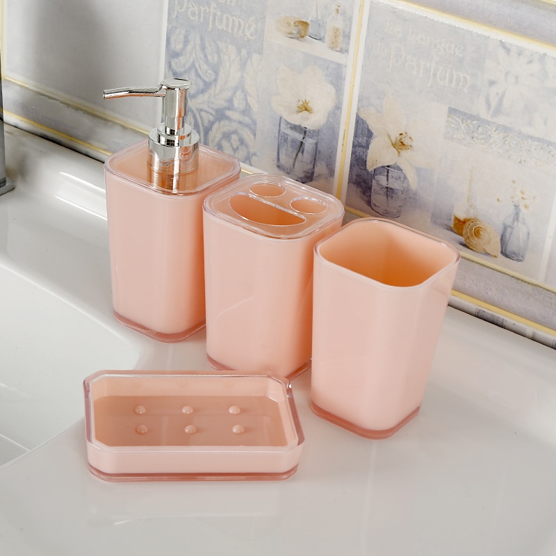 Bathroom Accessories 4Pcs/Set Bathroom Gadgets Soap Dispenser Cup Soap Dish Toothbrush Holder: Pink