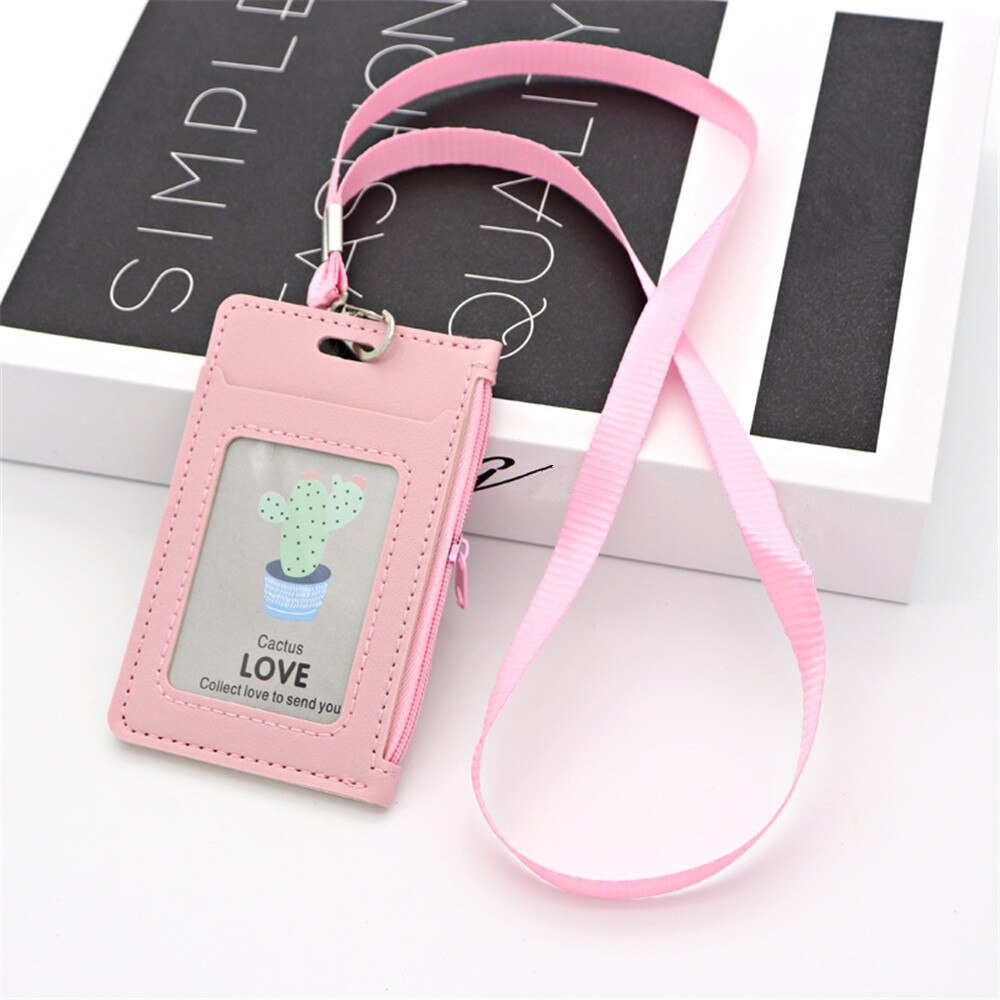 Porta carte di credito in pelle Pu Unisex porta carte di credito studenti per bambini Bus Card Case cordino maschio visita porta identità Badge Card Cover nuovo: Pink