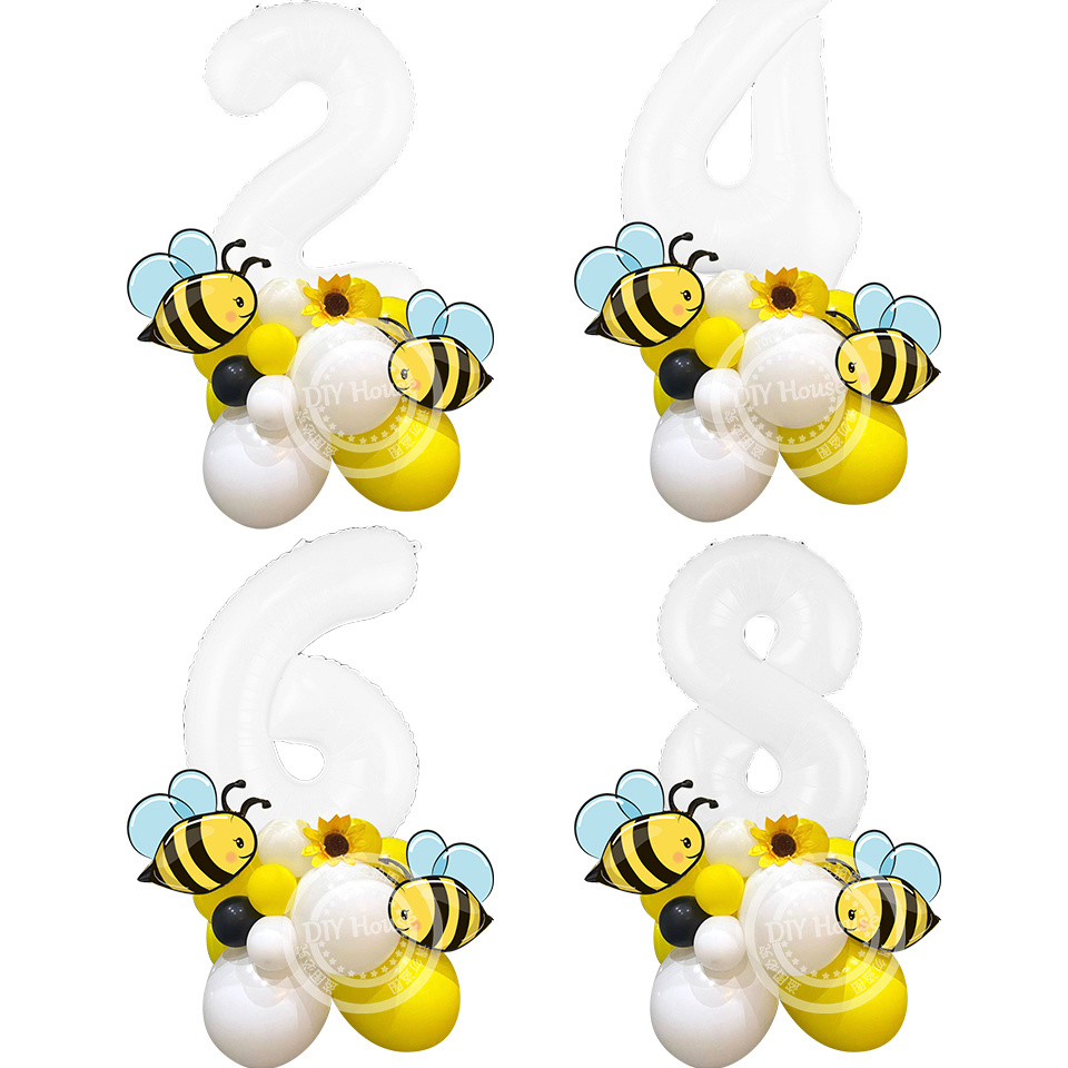 23pcs Carton Bee Balloons Tower 32inch White Number Balloon for Kids Bee Themed Happy Birthday DIY Party Decoration Supplies